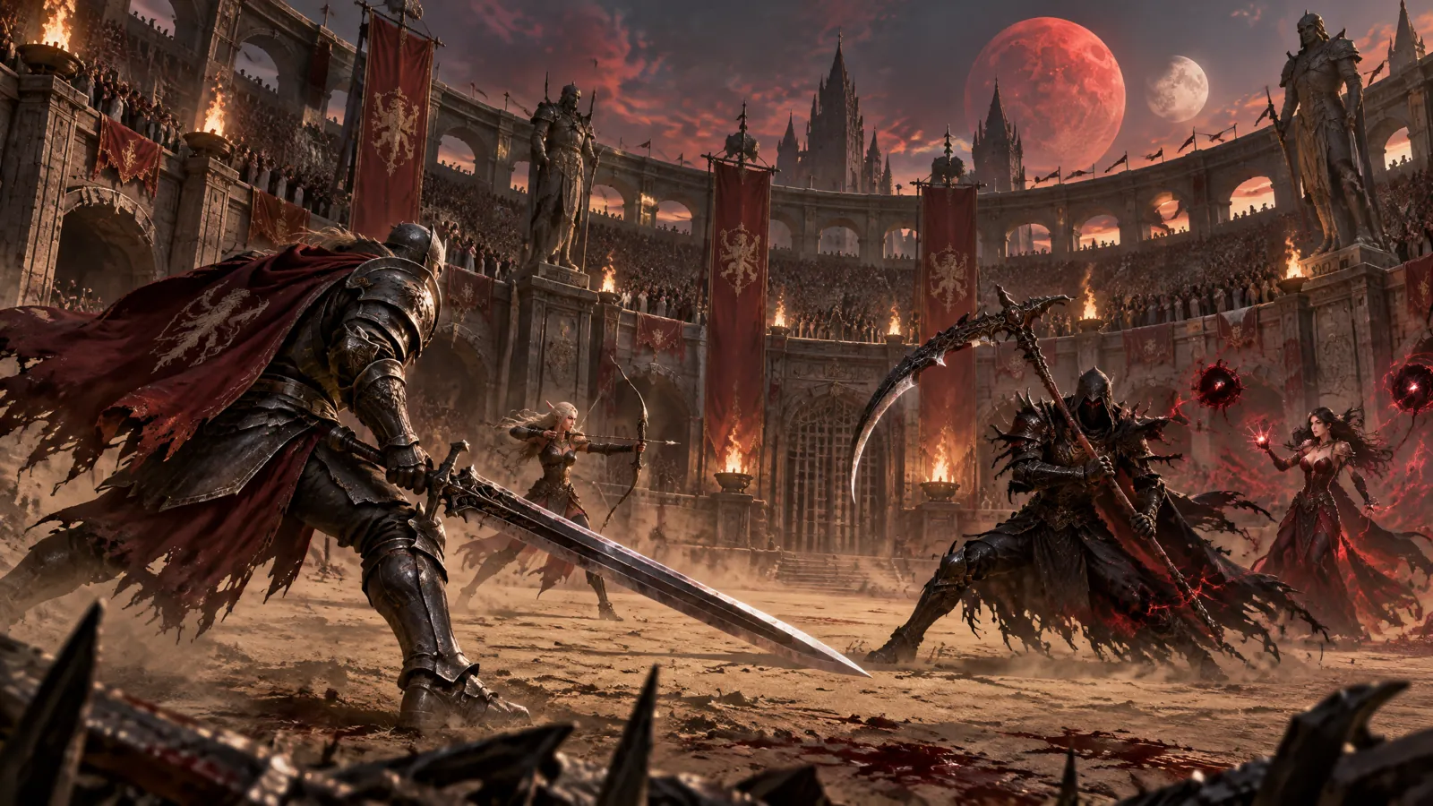 Heroes dueling in a packed stone colosseum