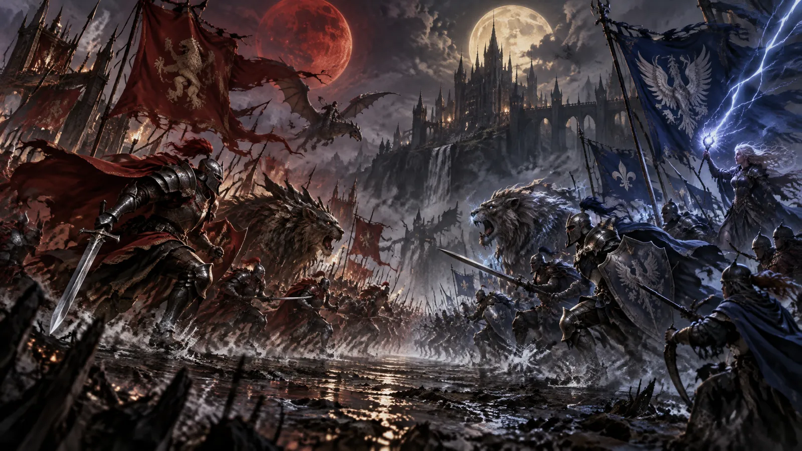 Two guild armies charging across a misty battlefield